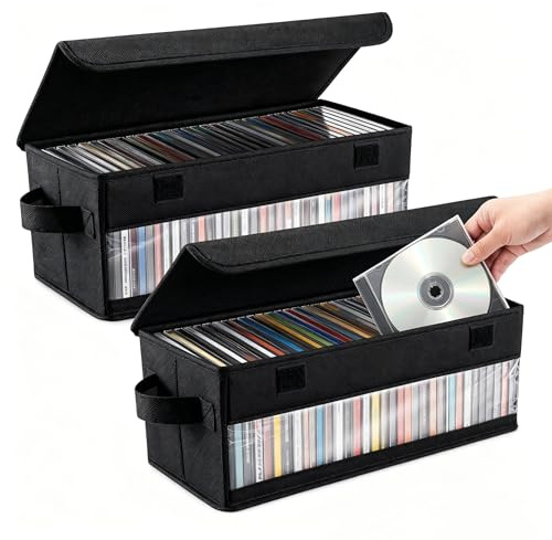 Aolawco 2 Pack CD Storage Box with Cover, 14.1 * 6.2 * 5.5 In Side Visual CD Case, 2 Pack CD Storage Box Holds 35 CDs in full jewel cases, 70 CDs in slim cases, and 180 discs in CD sleeves - Black