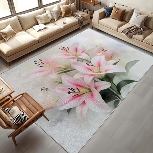 MIATCENRT Teppich Rosa Lilie Rutschfester Waschbarer Teppich, Ultraweicher Aquarell Blumen Teppiche, Wohnzimmer Niedriger Flor Flächenteppich für Schlafzimmer, Kinderzimmer 200 x 300cm
