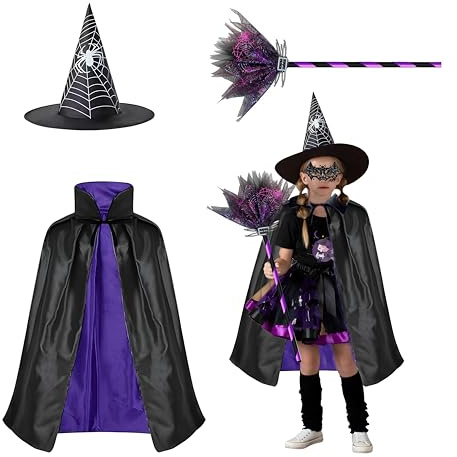 FainFun Chapeau et Cape Magicien, Cape de Sorcière avec Chapeau, Cape de Magicien Enfant, Enfant Cape de Citrouille Halloween, Manteau de Sorcière, Wizard Cape (Noir Violet)