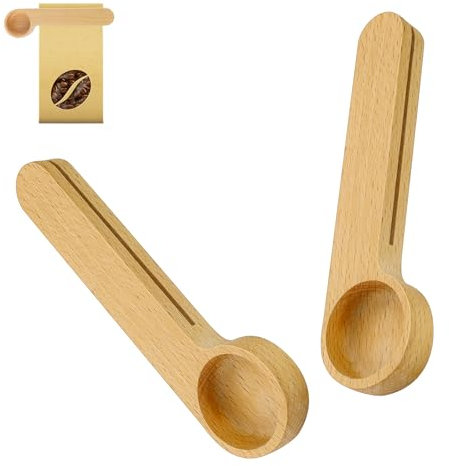 Cuillère Doseuse en Hêtre HASLED - 2 Pièces - Fonction 2 en 1 (Mesure + Scellage) - Capacité 8g - Pour Café, Lait en Poudre et Épices - 15.6cm