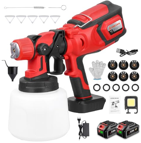 ONEVAN Kit di spruzzatura a batteria, portata 80 DIN: 280 – 850 giri/min, 1400 ml, sistema a spruzzo elettrico a colori, pistola a spruzzo per vernice da parete con 6 ugelli (2 batterie da 3,0 Ah e