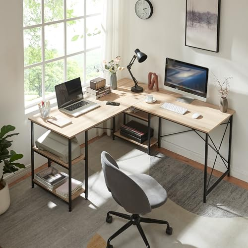 [en.casa] Mesa Escritorio de Esquina Klirurud con 4 Compartimentos Abiertos Escritorio Esquinero con Estantería Recto o en Forma de L Aglomerado Acero 150 x 150 x 75cm - Negro/Efecto Roble