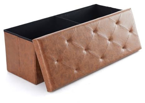 Sweetcrispy 43 Inches Folding Ottoman with Storage Bench, Foot Rest Stool, End of Bed Storage Bench Upholstered, Load 660 lbs, for Living Room, Synthetic Leather, Brown