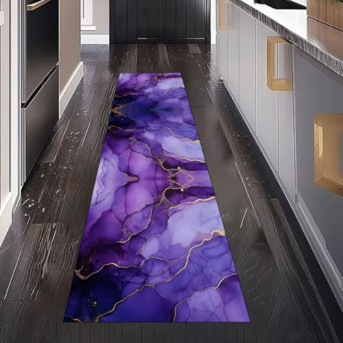Gaqinhh Lila Marmor Optik Teppich Läufer für Schlafzimmer Wohnzimmer, Moderne Ästhetik Kunst Teppichläufer Waschbar rutschfest für Küche Flur Eingangsbereich Bettumrandung Teppiche 60x240 cm