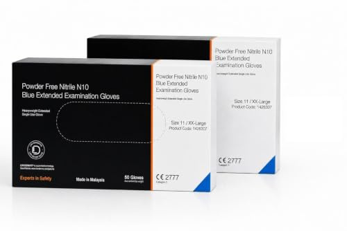 Long Cuff Nitrile Gloves XXL Blue Pack of 100 Heavy Duty Powder-Free | Latex free with extended forearm coverage, textured grip, for washing up, industrial handling, medical rounds and cleaning