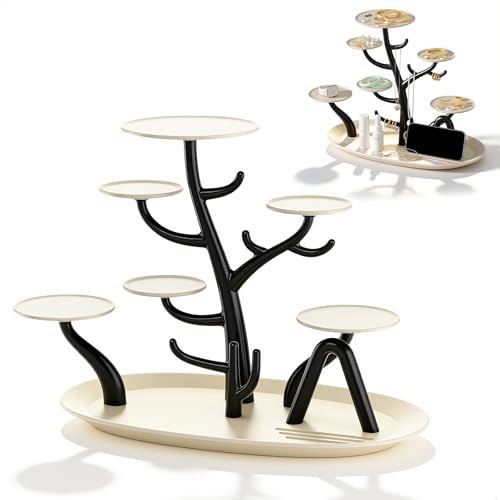 keyuancan Porta Collane, Espositore Collane, Porte orecchini a Forma di Albero, Portare Collana da Tavolo con Vassoio per Anelli, Orecchini, Orologi, Bracciali Camera da Letto Bagno Toeletta, Bianco