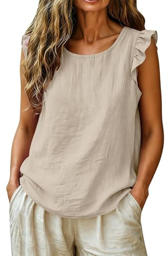 Camisetas Sin Mangas Mujer Verano Algodón Lino Camiseta Tirantes Casual Basicas Transpirable Chaleco Vestir Camisas Manga Volantes Moda Retro Color Sólido Blusas Elegantes Top Elegante Tank Tops