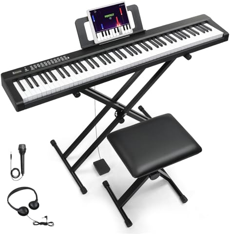 LALAHO 88 Key Keyboard Piano, Full Size Digital Piano with Bench | Bluetooth MIDI, 3 Teaching & Dual Keyboard Mode, 1000 Rhythms & Tones, 150 Demos/ Full Equipment with Bench & Headphones