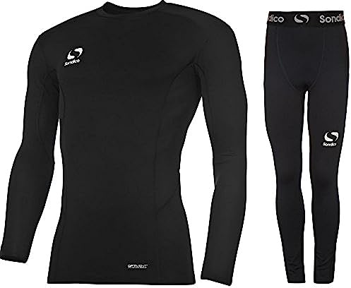 Sondico Boys Base Layer Tights & Top Set Junior Football Core Baselayer (Black L/S with Pants, 11-12 years)