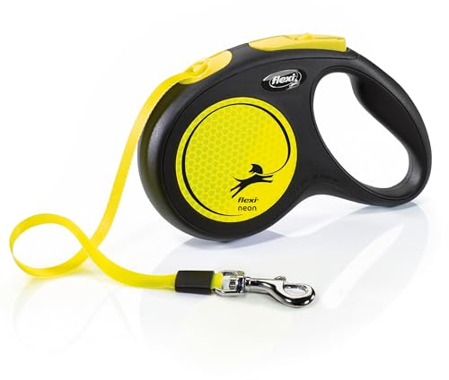 flexi® Neon M Gurt 5 m schwarz, Gurt in neon-gelb, Roll-Leine für Hunde bis 25 kg
