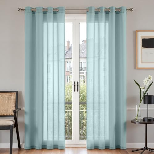 TOPICK Gardinen mit Ösen Vorhänge Wohnzimmer Gardinenschals Schlafzimmer Curtains Living Room H245XB140 cm, Vorhang transparent Leinenoptik Übergardinen Gardinen Himmelblau Ösenschal 2er Set