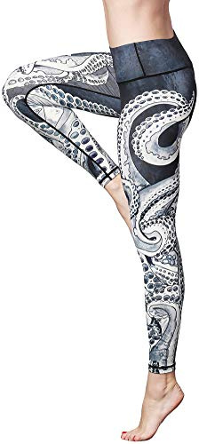 FLYILY Tryckta yogabyxor dam hög midja gym sport leggings magkontroll löpning träning kompression tights stretchmönstrade leggings, 2-bläckfisk, M