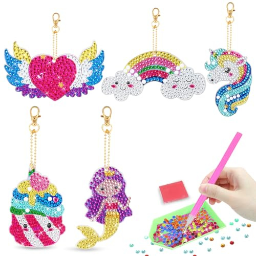 Diamond Painting Schlüsselanhänger, 5D Diamant Bilder für Kinder, Einhorn Geschenke für Mädchen, Bastelset Selber Machen 6-10 Jahre