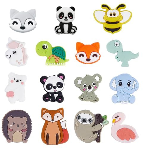 SUNNYCLUE 1 Box 15 Stück Silikonperlen Niedliche Tier Silikon Fokalperlen Große Große Perlen Einhorn Honigbiene Fuchs Panda Klobige Perlen Flamingobär Gummiperlen Für Stifte Schlüsselband Schlüsselan