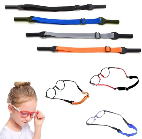 OHYER Lot de 4 cordons à lunettes Elastic Cordon lunettes de Sport Crochets Antidérapant de Lunettes Silicone Polyester Gris Noir Orange Bleu Pour le soleil sportif des enfants pour lunettes (1＃)