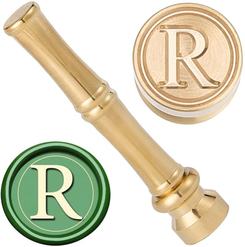 CRASPIRE Mini vax förseglingsstämpel 15 mm bokstav R förseglingsstämplar retro initialer avtagbara gyllene mässingshuvuden bambu metallhandtag för kuvert inbjudan bröllop utsmyckning flaska dekoration