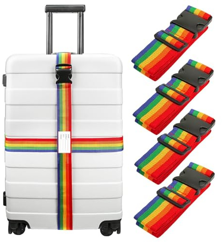 CAKKVDE 4 PCS 5x200CM/2x78IN Luggage Straps for Suitcase, Heavy Duty Adjustable Suitcase Straps with Buckle and Luggage Label, Luggage Belts Suitcase for Travel Case (Rainbow)