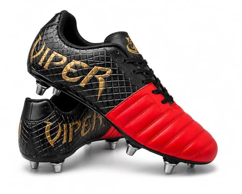 VIPER V-Fit Rugby Boots Soft Ground with Metal Studs – Lightweight Black Red Rugby Boots for Men, Women & Juniors – Comfortable SG Rugby Shoes for Training, School & Match Play