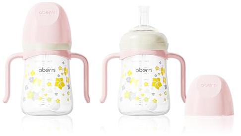 Oberni No Spill Sippy Cup, Weighted Straw Trainer Cup, Toddler Drinks Water Bottle with Leak-Proof Valve Spout for 6+ Months, 240ml/Pink/2 Pack