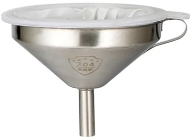 Imbuto grande in acciaio inox da cucina, 15 cm, in metallo, con manico e filtro a 450 maglie for riempire bottiglie, filtri, liquidi, polveri, succhi, vino, caffè, tè