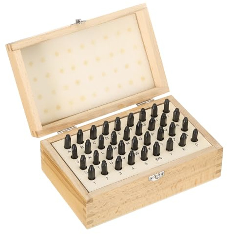 QUARKZMAN 36pcs Jeu De Poinçons en Acier Allié 40Cr 5/16 (8mm) A-Z 0-8 | Outil De Marquage En Acier, Symbole &, Poinçon Inversé, Avec Boîte En Bois, Pour Plastique Bois Cuir