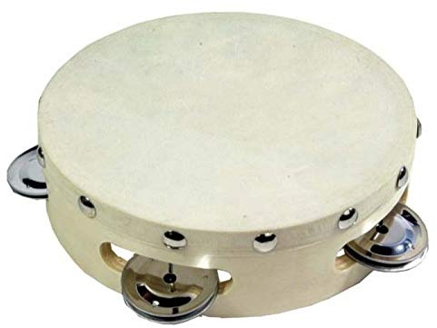 Tambourin bespannt mit Fell im Durchmesser 15cm mit 4 Schellen Percussion Weltmusik Instrument Tamburin Rahmentrommel