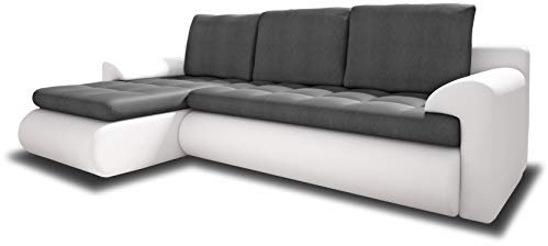 Ecksofa Santi II mit schmutzabweisender Stoff - Couchgarnitur mit Schlaffunktion und Bettkasten, Couch, Polsterecke, Schlafsofa (Weiß + Grau (Madryt 120 + Trinity 14), Ecksofa Links)