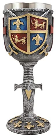 Ebros Lion und Fleur de Lis Wappen Heraldry Mittelalter Renaissance Kreuzritter Ritter Anzug der Rüstung Trinkgeschirr Serviergeschirr mit Excalibur Schwert Griff Stiel Dekor Akzent (Weinkelch Kelch)