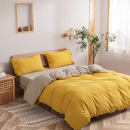 Luofanfei Bettwäsche Baumwolle 155x 220 Uni Einfarbig Gelb Beige Sommer Wendebettwäsche 1 Bettbezug 155x220cm mit Reißverschluss 2 Kissenbezüge 80x80 Teenager Bettwaesche Deckenbezug Einzelbett