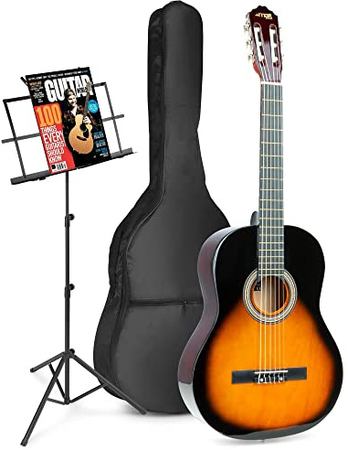 MAX SoloArt Guitarra Clásica Sunburst – Set Completo para Principiantes con Atril, Bolsa, Soporte, Afinador Digital, Cuerdas, Correa y Púas – Ideal para Niños desde 8 Años y Adultos