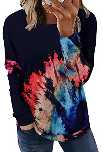 onlypuff Tie Dye Shirt for Women Comfy Long Sleeve Tunic Tops Casual Loose Fit TOS with Pocket L