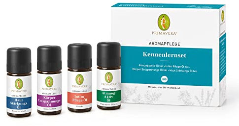 PRIMAVERA Aromapflege Kennenlernset 4 x 10 ml - Haut Stärkungs Öl, Atmung Aktivöl, Intimpflegeöl, Körper Entspannungsöl - Aromaöl, Massageöl, Aromatherapie, ätherische Öle – vegan