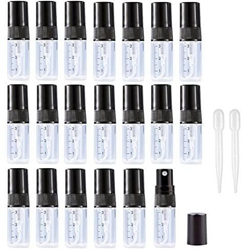 Apstaqeoo 20Pcs, 3Ml Empty Glass Spray Bottles with Scale - Clear Mini Sample Perfume Atomizer Vial Travel Bottles Set with Fine Mist Sprayer & Black Dust Cap Perfect for Fragrance, Essential Oils