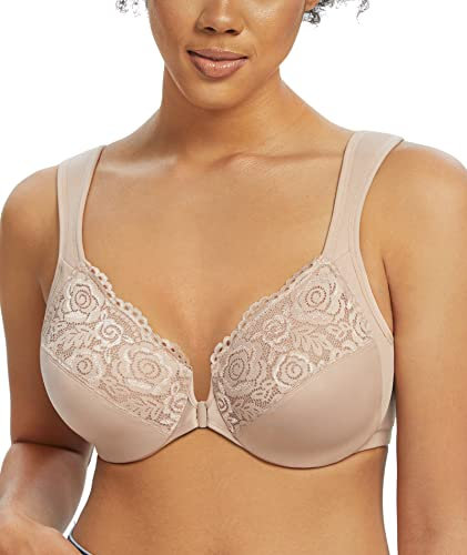 Lemorosy Wide Strap Front Closure Bra Lace Full Figure Underwire(Beige Wide Strap,38DD)