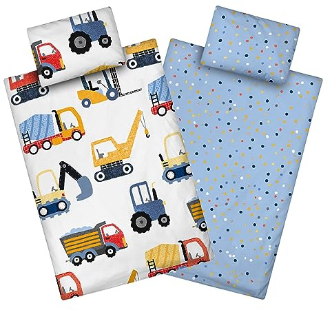 Aminata kids barnsängkläder 100 x 135 pojkar grävmaskin byggplats byggfordon bomull med YKK-dragkedja vändbart set för barn bilmotiv byggmaskiner traktor kran vit blå