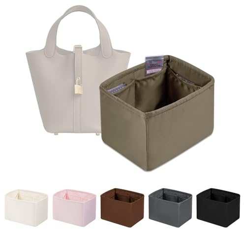 Geldbörsen-Organizer-Einsatz für Picotin 18/22, Satin-Organizer für Picotin-Taschen, leichte Geldbörse, Essentials für Damen, Luxus-Handtaschen, weiches Innenfutter mit mehreren Taschen (Etoupe Grau
