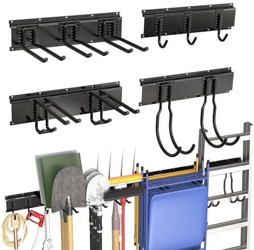POSHGRAND Garage Tool Storage Organization Rack Wall Mount, 64 Inches Shovel Holder Tool Hangers with 10 Adjustable Hooks, Heavy Duty Garden Yard Organizer 14 PCS