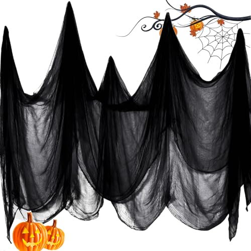 Sadodo 200 x 1000 cm Halloween Deko Stoff Outdoor Groß Mullstoff,Horror Baumwolle Musselin Tücher,Halloween Dekostoffe,Halloween-Dekoration Garten Tuch Stoff für Spukhäuser Party Innen Außen Schwarz