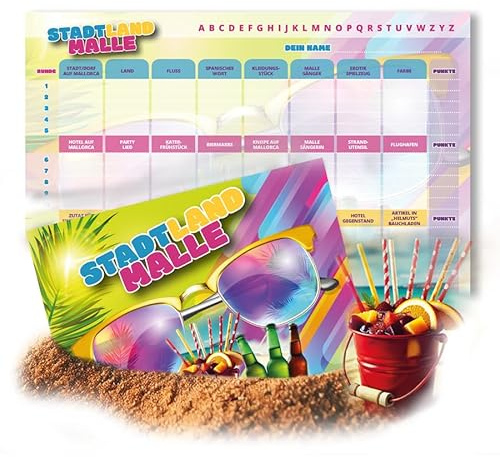MILINDO Stadt Land Malle – Mallorca Edition – Sommerspiel – Partyspiel – Strandurlaub – Geschenkidee – Reisespiel – Stadt Land Fluss