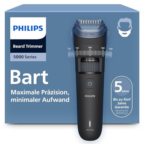 Regolabarba Philips serie 5000 - Lame in metallo autoaffilanti, 40 impostazioni di lunghezza, tecnologia BeardSense, raccoglitore per peli, 100% impermeabile, custodia da viaggio, modello BT5765/15