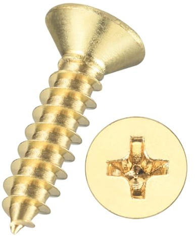 Kozelo 50pcs Phillips Wood Screws - [#4x1/2] Carbon Steel Brass | Flat Head Countersunk Self Tapping Screws for Furniture Assembly, Interior Trim, Outdoor Construction