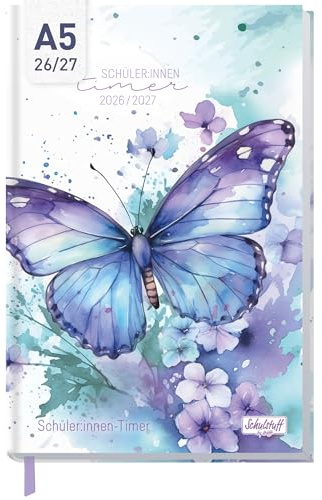Häfft® Schulstuff Schüler:innen-Timer 2026 2027 A5 Butterfly | Flexocover Schülerkalender von August 2026 - Juli 2027, Schülerplaner Hausaufgabenheft - organisiert durchs neue Schuljahr