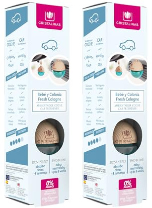 CRISTALINAS | Pack 2 Ambientador Esfera para Coche| Aroma Bebé y Colonia| 100% Puro | Absorbe los Malos Olores de tu vehículo | Larga Duración 8 Semanas | 6 ml | 0% Alcohol