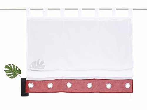 Devola transparent Voile Raffrollo mit Öse Raffgardinen mit Kordelzug Faltvorhang Modern Rollo mit Schlaufen Küchengardine Fertiggardine BxH 60x155cm Rot 1er Pack