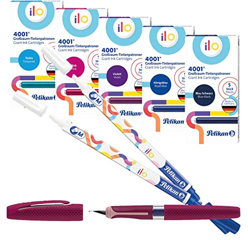 Pelikan Füller ilo, Linkshänder & Rechtshänder, M-Feder, Füllhalter für Kinder & Erwachsene (Rot, Komplett-Set)