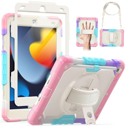 SEYMAC Hülle für iPad 9./8./7. Generation (10,2 Zoll) 2021/2020/2019 - Rosa | Stoßfeste Hülle mit Displayschutzfolie, 360°Drehbarem Ständer, Handschlaufe, Schultergurt, Stifthalter, Arbeit/Outdoor&Alltag