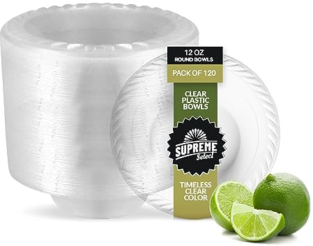 Supreme Select Clear Disposable Plastic Bowls [Pack of 120 | 12 Oz Bowls] Microwave Safe Disposable Bowls- Sturdy Rimmed Soup/Salad/Dessert/Ice Cream Bowls For Weddings, Parties, Kitchen Use