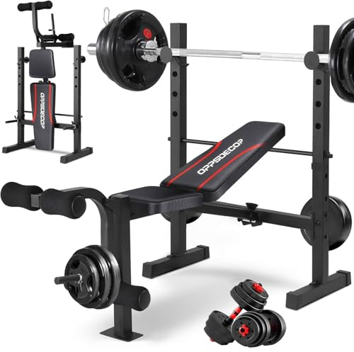 OPPSDECOR Standard Weight Bench Set with Squat Rack, 600LBS Adjustable Bench Press Set with Leg Extension and Leg Curl, Foldable Flat Incline Decline Workout Bench for Home Gym Full Body Training (Black)