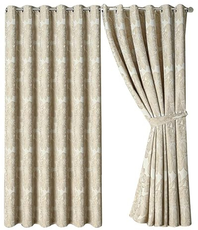 OpulentDreams Jacquard Curtains - Heavy Ring Top Window Curtains for Bedroom & Living Room - Fully Lined - Includes Two Tie Backs - Pair of Panels (Cream 2 - Eyelet, 66 x 72 (167 x 183 cm))