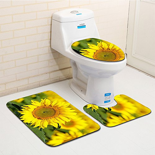 Bad Teppiche Set 3-Teiliges Gelbe Sonnenblume WC Vorleger Mit Ausschnitt Badematte Saugfähig WC Deckelbezug Badvorleger rutschfest Waschbar Toilettensitzbezug Badgarnitur (50x80cm)